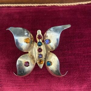 Vintage 1950s Large Butterfly and Colorful Stones  Brooch in Gold toned metal
